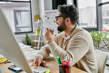 A handsome businessman with a beard takes a break from his work, sipping coffee and typing on a computer in a modern office.