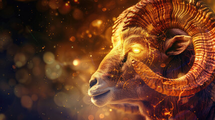 Man in the image of a zodiac sign Aries on blurred background