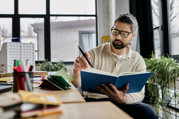 Obraz premium A handsome businessman with a beard sits at a desk in a modern office, reading a book and thoughtfully holding a pen.