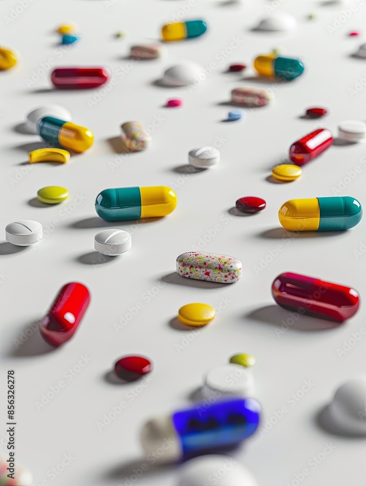 Aufkleber close-up of colorful pills and capsules on a white background, emphasizing texture and details for a