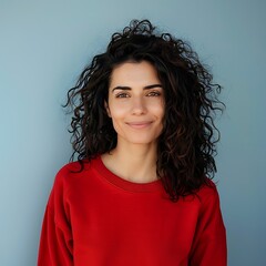 Close-up of beautiful young woman in studio. Female with curly hair smiling at camera, she's wearing a red sweatshirt isolated on blue background.