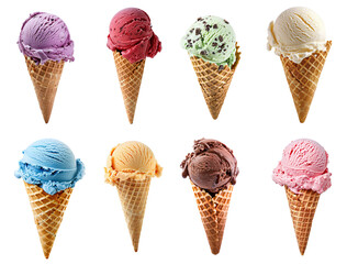 ice cream cones set with various flavors of ice cream