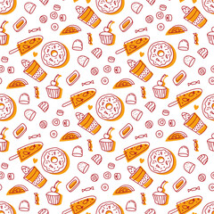 Seamless pattern with sweets. Candy background. Good for textile design, wrapping paper, wallpaper, menu, cafe, etc. Vector illustration.
