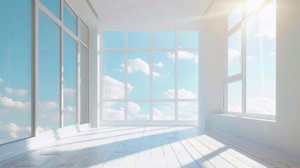 Fototapeta premium Spacious single occupancy flat with large windows blue sky view and sunlight touching walls
