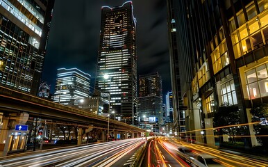 Obraz premium Vibrant Tokyo Nightscape: Urban Lights and Moving Cars.