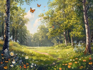 A magical forest pathway with fluttering butterflies offers a fantasy-like abstract background and wallpaper