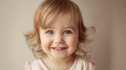 Naklejka premium Beautiful, Happy Toddler Girl Smiling For A Portrait Against A Neutral Background