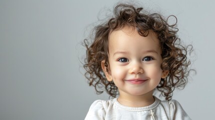 Naklejka premium Beautiful, Happy Toddler Girl Smiling For A Portrait Against A Neutral Background