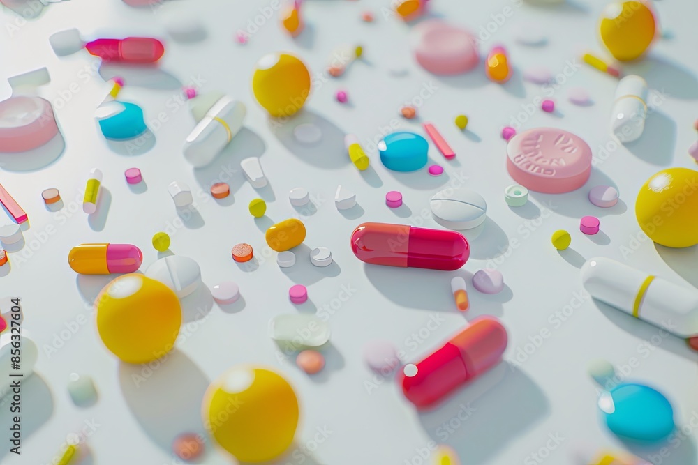 Aufkleber close-up of various pills and capsules on white surface, emphasizing texture and detail for a clinic