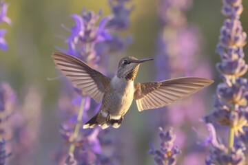 Fototapeta premium a beautiful hummingbird in flight near a purple flower. ai generative