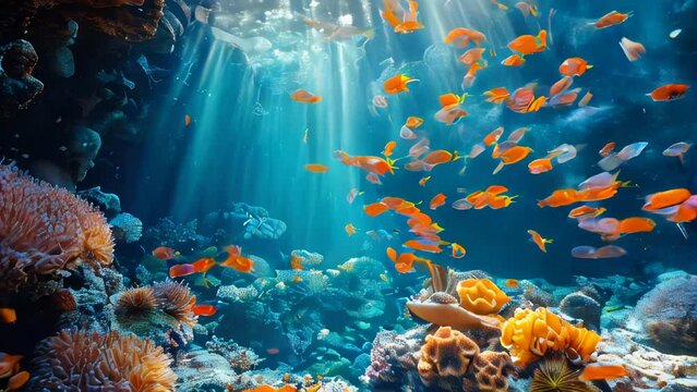 Underwater world with fish and corals. Underwater view of mari fishes and plants