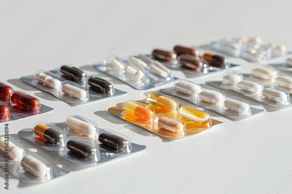 Aufkleber a close up shot of various pills in blister packs arranged neatly on a white surface. generative ai