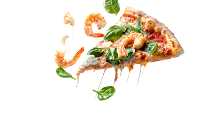 Seafood pizza isolated on white background, Shrimp floating on air, shrimp pizza