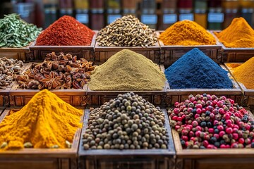 A vibrant display of various spices presented in wooden trays, showcasing a range of colors and textures