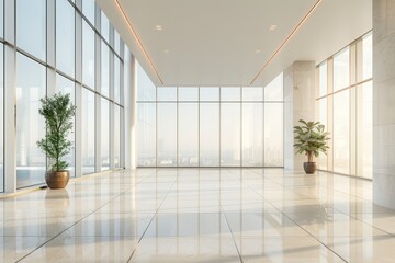 modern office hall with panoramic windows and a perspective in natural beige and brown tones. ai generative