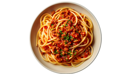 Top view of a delicious noodles plate, spaghetti plate isolated on white background