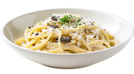 Cheese spaghettis, pasta on a white bowl isolated on white background