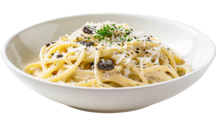 Cheese spaghettis, pasta on a white bowl isolated on white background