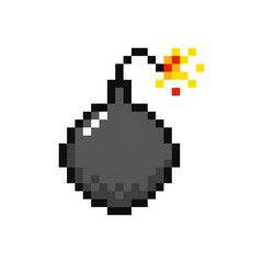 Bomb, pixel item for game interface. Explosives, magic game element. Dynamite, 8 bit resource. 