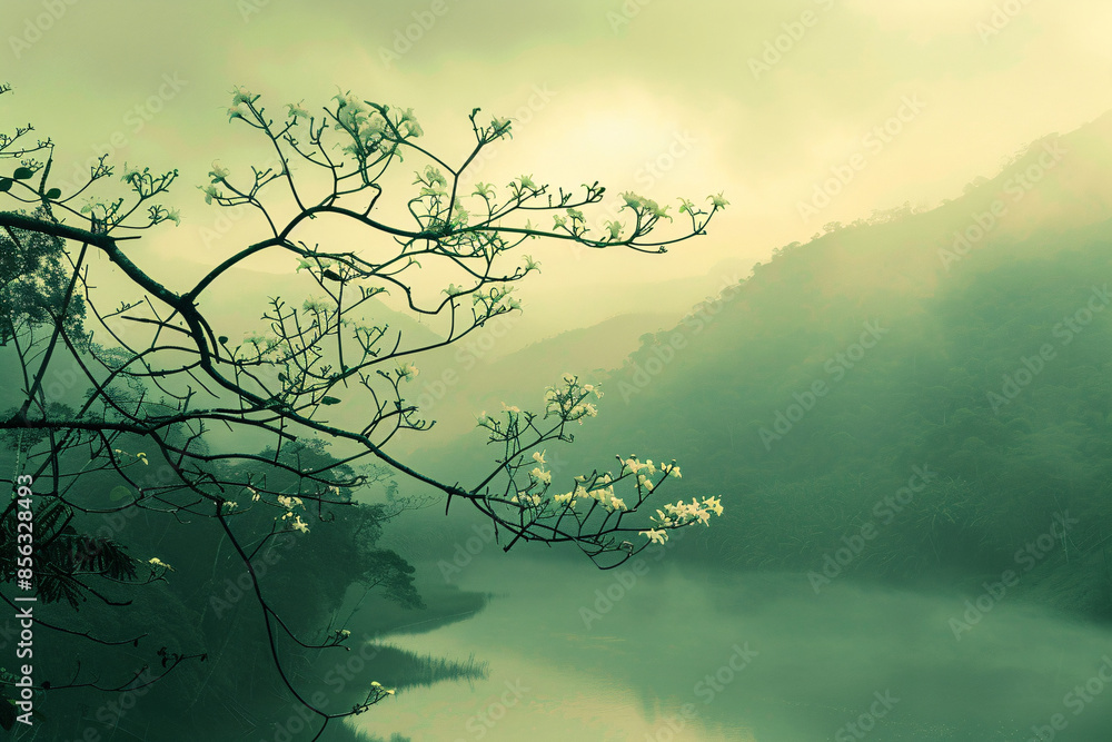 Poster a serene lake scene with a misty atmosphere, featuring a tree branch with delicate leaves extending 
