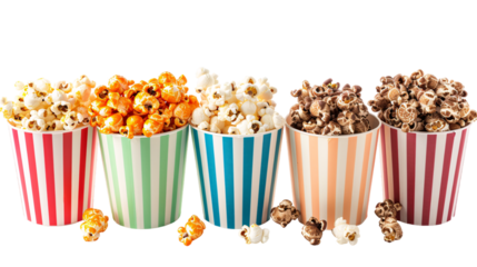 A set of different types of popcorn with different types of flavors and colorful packaging on a white background, Caramel, Cheese, Chocolate  flavored popcorn