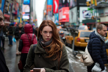 Obraz premium Young woman and man using smartphones in a busy city street