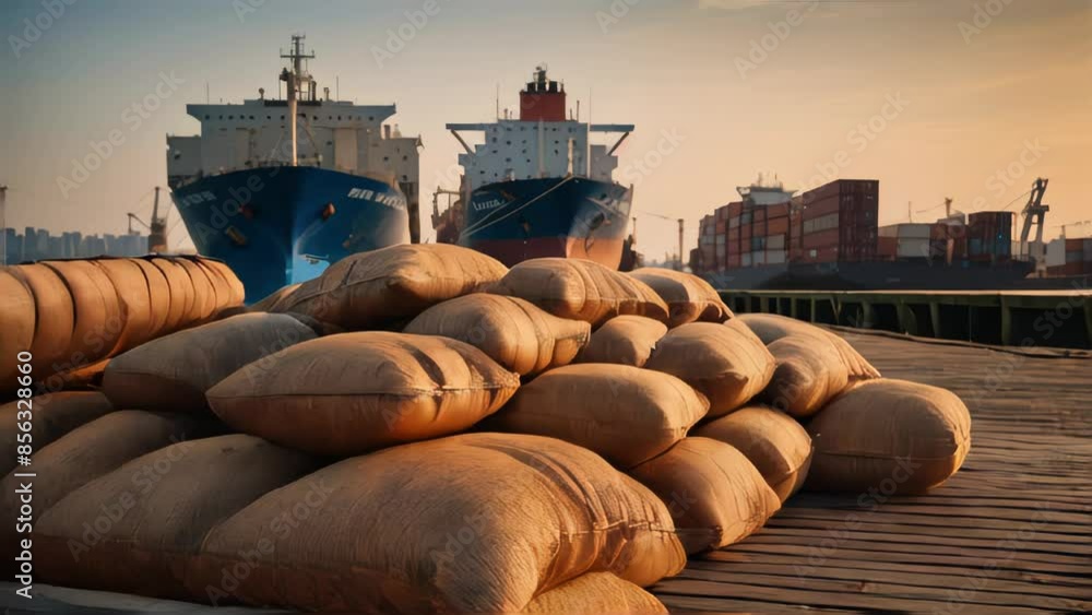 Poster bags of grain on a dock with a pile of wheat in the foreground and a large container ship loaded