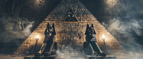 Anubis of Ancient Egypt (God of Death). Dark abstract Egyptian background, dark room with smoke, pyramid, rays of light - Generative AI