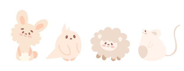Set of cute kawaii animals in hand draw flat style. Rabbit, hare, parrot, bird, sheep, mouse. Vector illustration.Cartoon baby animal character design. Pastel colors.