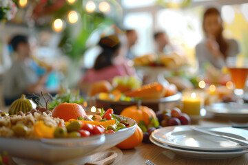 Thanksgiving family vegan lunch, with autumn decoration and plenty of healthy food on the table, with blurred happy people around the table celebrating the holiday.