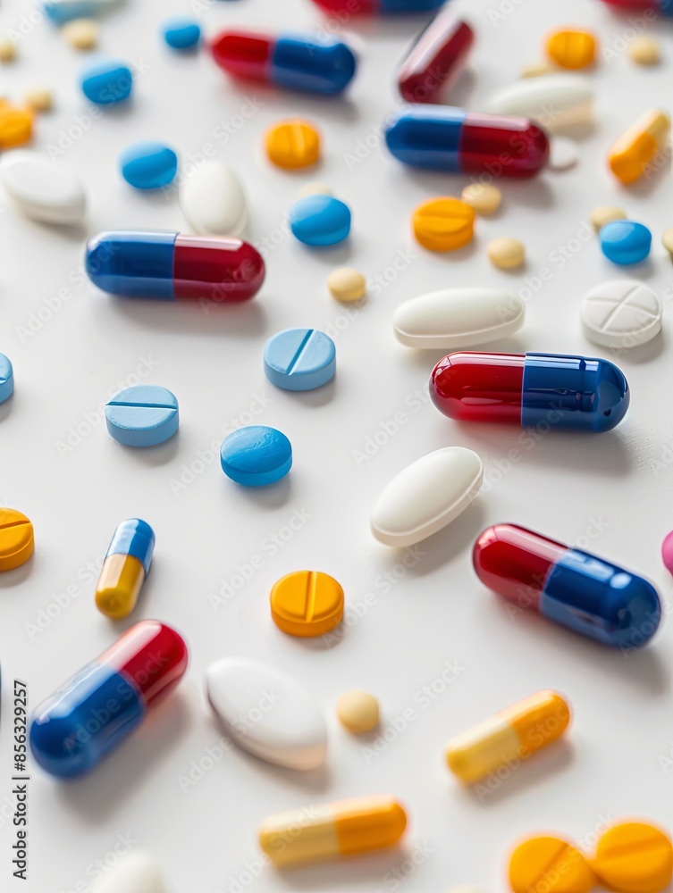 Leinwandbilder a close-up shot of various colored pills and capsules scattered on a clean white surface, showcasing