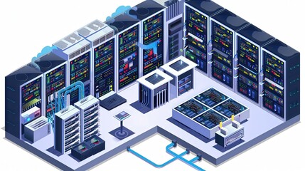 an isometric diorama of a data center room with lots of server racks and network switches, cables, etc 