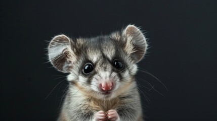 Cute baby mouse possum portrait with large ears in playful pose on dark background with copy space, wild animals concept, banner