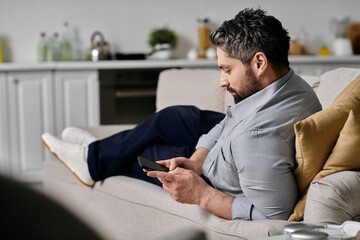 A bearded man in casual attire sits on a couch, relaxing with his feet up and checking his phone.