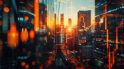 Double Exposure: Bustling business district at sunset with illuminated offices, Superimposed stock data and financial Graphs, Depicting market influence on corporate operations - Generative AI