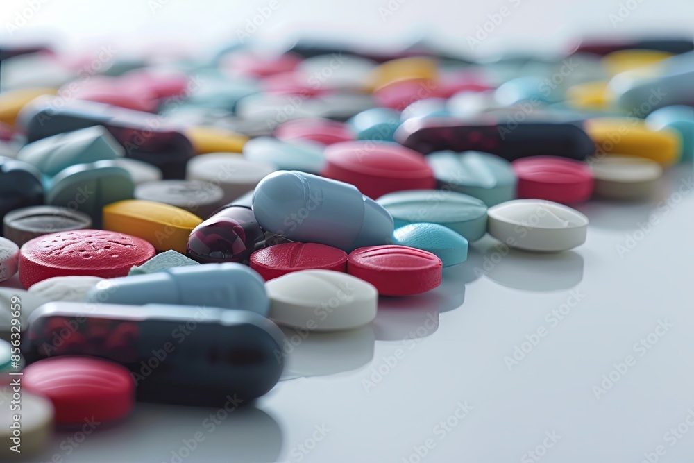 Aufkleber close-up of colorful pills and capsules on a white surface, highlighting textures and details to cre