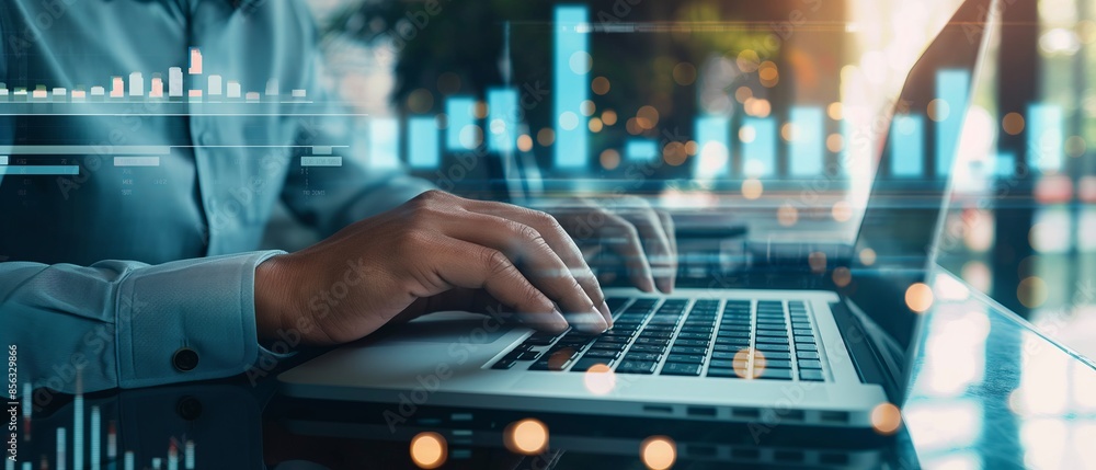 Poster Close-up image of hands typing on a laptop keyboard, with a blurred background of data visualizations and city lights.