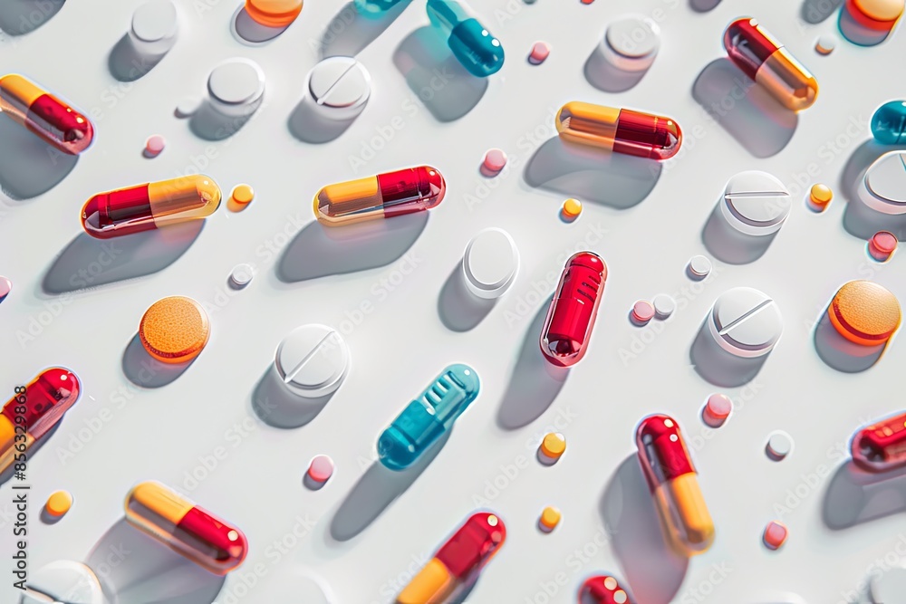 Aufkleber close-up image of colorful pills scattered on white background, highlighting texture and details for