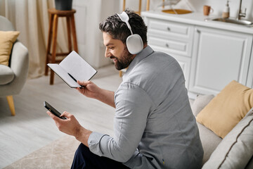 A bearded man in casual attire sits on a couch and works remotely from home. He is wearing headphones and holding a notepad and a smartphone.