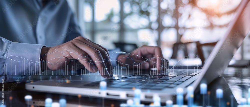 Poster close-up image of hands typing on a laptop keyboard, with a blurred background of data visualization