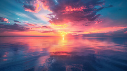 Fototapeta premium Illuminated Prosperity - Tranquil Sunset Sky Reflecting Financial Achievement on Water Surface in Vibrant Hues of Orange and Pink