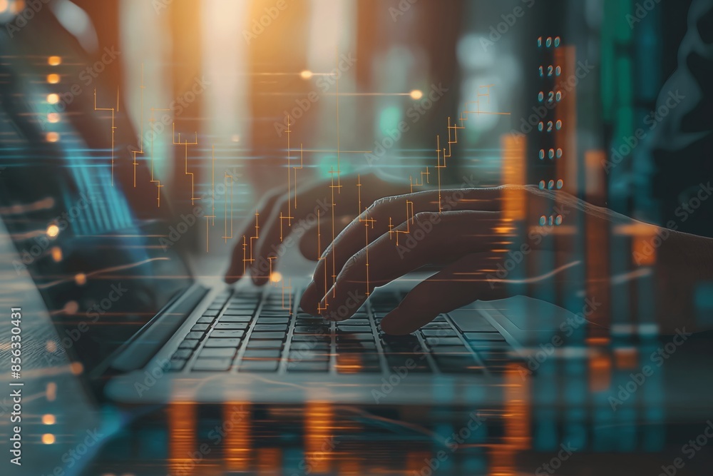 Aufkleber a close-up shot of hands typing on a laptop keyboard with financial data overlayed. the image convey