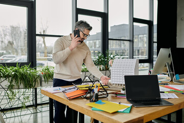 A handsome businessman with a beard works in a modern office. He is on the phone and has a model of a building on his desk.