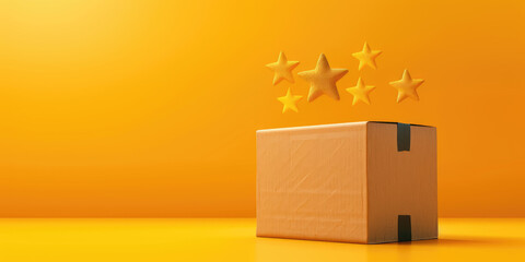 Cardboard box receiving five star feedback rating on yellow background