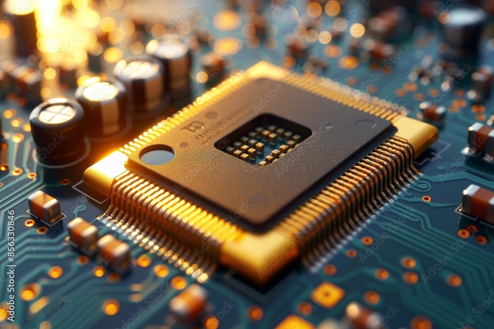 Leinwandbilder Detailed view of a microchip on a circuit board, showcasing the intricate design and technology behind modern electronics and computer hardware components, Generative AI