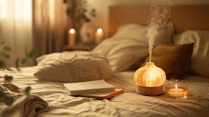 a tranquil bedroom ambiance with an essential oil diffuser and a book on the bedside table to promote a restful nights sleep