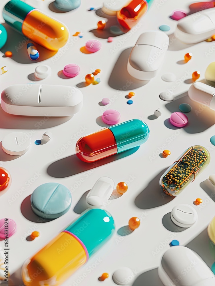 Aufkleber a close-up image of various colorful pills and capsules scattered on a clean white background, showc