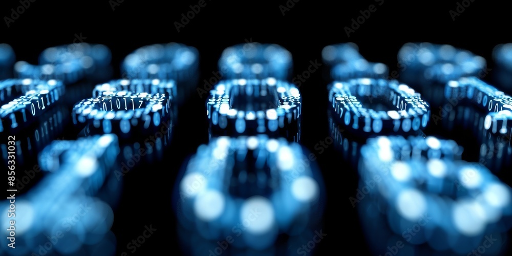 Poster Futuristic binary code in blue glow, representing digital technology and data, highlighting the importance of cybersecurity, encryption, and programming in modern information systems, Generative AI