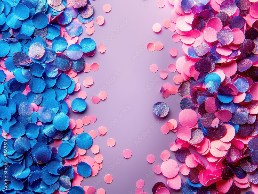 Canvas Prints A vibrant and colourful confetti background with blue and pink circles scattered across, capturing the festive and joyful atmosphere of a celebration.