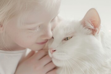 Albino girl lovingly strokes her white cat, showcasing diversity and the bond between humans and animals